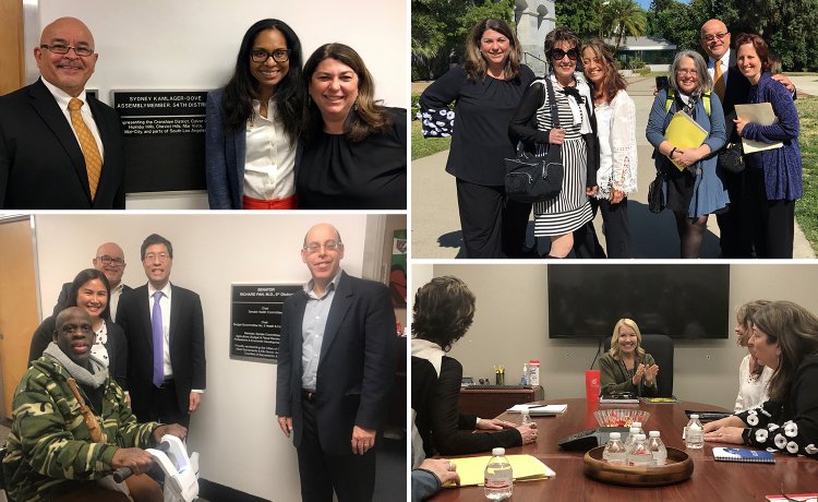 Image collage A photo collage including the following: Two DVU board members pose with Assemblymember Sydney Kamlager in front of her office; DVU board members smile outdoors on a pathway outside of the State Capitol on DVU Advocacy Day; DDS Director Nancy Bargmann is smiling and clapping her hands as she sits around a conference table with DVU board members; DVU board members pose with Senator Richard Pan in front of his office with wide smiles